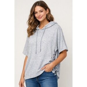 Cabi 3473 Gray Speckled Knit Short Sleeve Hoodie Lace Up Sides Womens Medium